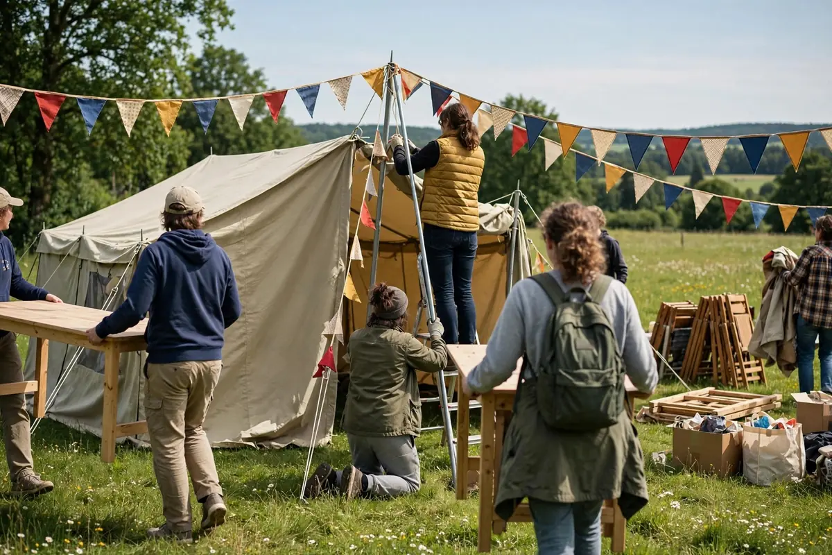 Freiwillige Helfer bauen gemeinsam Festzelte und Tische für ein Vereinsfest auf