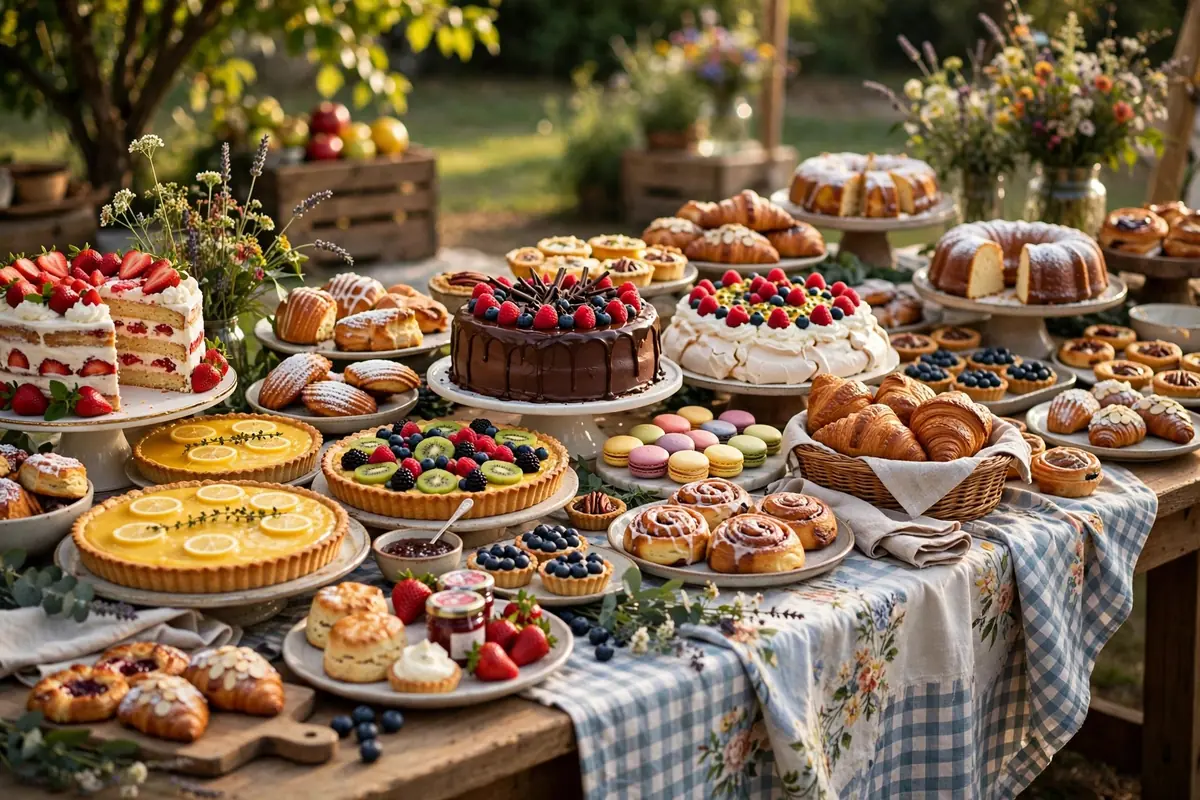 Buntes Kuchenbuffet mit vielen verschiedenen Kuchen und Torten auf einem Festtisch